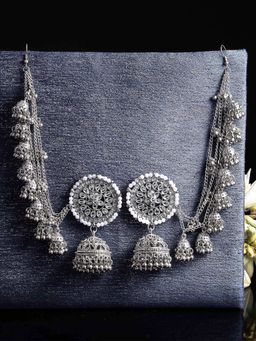 Karatcart - Oxidised Silver Floral Kundan Kaanchain Jhumki Earrings
