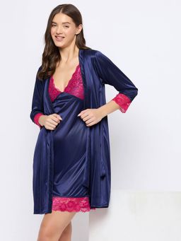 Clovia - Satin Nightwear In Blue Short Robe & Nightie (Set of 2)