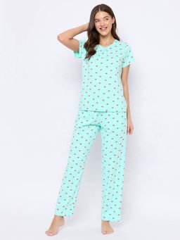 Clovia - Pretty Printed Top & Pyjama Set - 100 Percent Cotton -Blue