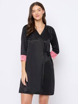 Clovia - Chic Basic Short Night Dress & Robe In Black - Satin (Set of 2)