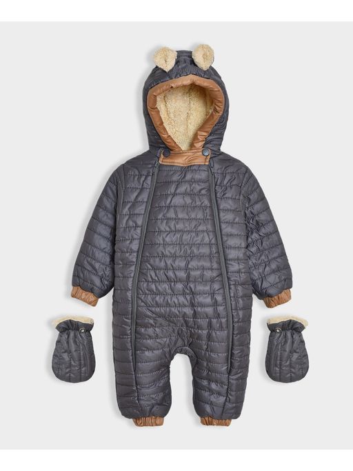 Mi Arcus Solid Grey Full Sleeves Hooded Bodysuit with Mittens for Kids (Set of 2)