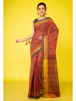 Unnati Silks - Pink Green Pure Hand Block Printed Cotton Saree with Unstitched Blouse