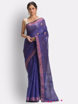 Angoshobha - Blue Cotton Blended Handloom Jamdani Saree with Unstitched Blouse