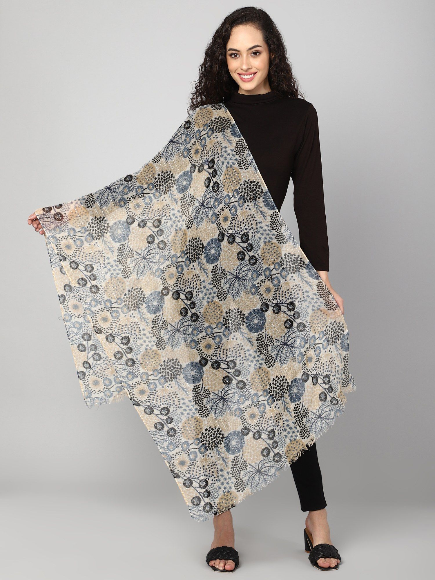 aditi wasan Multi-Color Woolen Printed Stole With Silver Zari Thread-picture-34