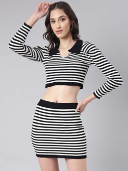 SHOWOFF - Women Black and White Stripes Co-Ord (Set of 2)