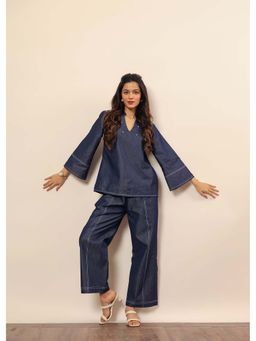 Kaori By Shreya - Dark Navy Blue Solid Co-Ord (Set of 2)