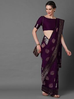 Akhilam - Womens Silk Blend Purple Woven Design Celebrity Saree with Unstitched Blouse