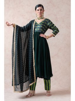 THETAA - Bottle Green Tenchi Silk Anarkali with Pant and Dupatta (Set of 3)