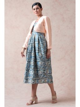 THETAA - Casal Blue Print Pure Silk Dress with Shrug (Set of 2)