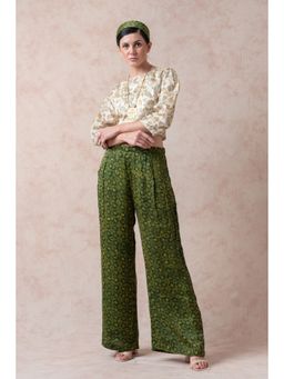 THETAA - Beige Crop Top with Ajrak Print Pleated Pants (Set of 2)