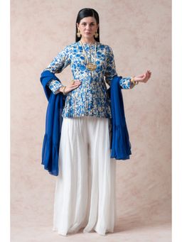 THETAA - Blue Ivy Tessar Silk Pleated Peplum Top with Sharara and Dupatta (Set of 3)