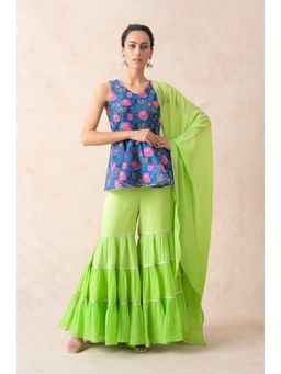 THETAA - Green Elephant Motifs with Floral Print Peplum Top with Sharara and Dupatta (Set of 3)