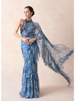 THETAA - Blue Pre-Draped Print Ruffle Saree with Stitched Blouse and Belt