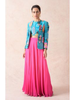 THETAA - Blue Hand Embroidered Silk Jacket with Blouse and Lehenga (Set of 3)