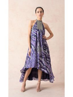 THETAA - Abstract Shades Of Purple with Chevron Weave Halter Neck Bias Dress