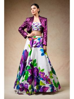 THETAA - White Hand Embroidered Silk Lehenga with Jacket and Blouse (Set of 3)