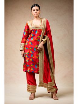 THETAA - Red Kurta with Pant and Dupatta (Set of 3)