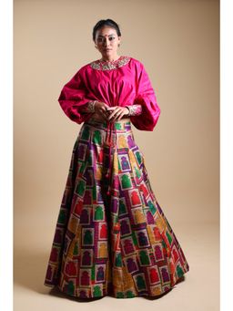 THETAA - Pink Hand-Embroidered Crop Top with Lehenga (Set of 2)