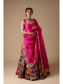 THETAA - Pink Hand-Embroidered Zardozi Work Dupatta with Lehenga and Blouse (Set of 3)