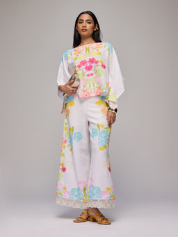 Gajra Gang - Off white Floral Print Kaftan Top & Pant Blushed Affair (Set of 2)