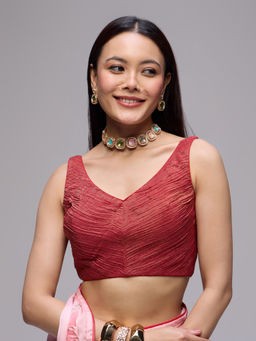 Gajra Gang - Rust Poly Silk Crush Textured V-Neck Stitched Blouse Boho Naari