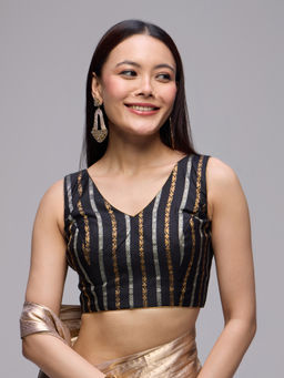 Gajra Gang - Black Poly Silk Brocade Stripes V-Neck Stitched Blouse Chalk And Slate