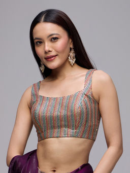 Gajra Gang - Blue Poly Silk Sequins Stripes Embroidered Scoop Neck Stitched Blouse Boho Naari