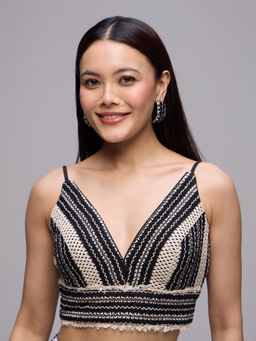 Gajra Gang - Black Poly Silk Strappy Crochet V-Neck Stitched Blouse Chalk And Slate