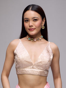 Gajra Gang - Off White Poly Silk Strappy Crush Textured V-Neck Stitched Blouse Chalk And Slate