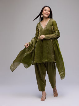 Gajra Gang - Olive Tissue Embellished Short Anarkali Salwar Dupatta La Dolce Vita (Set of 3)