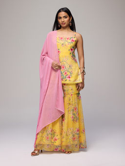 Gajra Gang - Yellow Linen Floral Kurta And Sharara With Dupatta Blushed Affair (Set of 3)