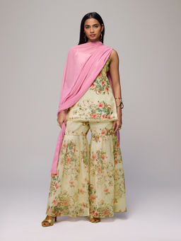 Gajra Gang - Off White Linen Floral Kurta And Sharara With Dupatta Blushed Affair (Set of 3)