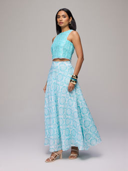 Gajra Gang - Blue Schiffli Crop Top With Tie Dye Skirt Seamance (Set of 2)