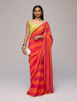 Gajra Gang - Pink Georgette Stripe Printed Saree With Unstitched Blouse La Dolce Vita