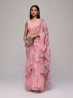 Gajra Gang - Pink Georgette Floral Printed Pre Draped Saree With Stitched Blouse Blushed Affair