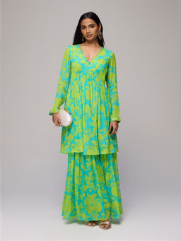 Gajra Gang - Green Chinon Floral Print Empire Kurta With Sharara Blushed Affair (Set of 2)