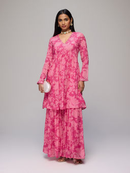 Gajra Gang - Pink Chinon Floral Print Empire Kurta With Sharara Blushed Affair (Set of 2)
