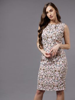 Miss Chase - Women's Multicolored-Base-Peach Round Neck Sleeveless Solid Shift Knee LengthDress