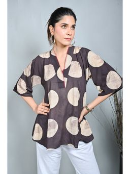 EARTHWEAR - Brown Block Print Anti-Fit Top with Hand Embroidery Detailing