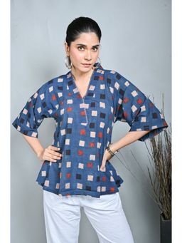 EARTHWEAR - Blue Block Print Anti-Fit Top with Hand Embroidery Detailing