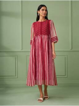 The Neem Tree - Multi Color Stripe Midi Dress with Slip (Set of 2)