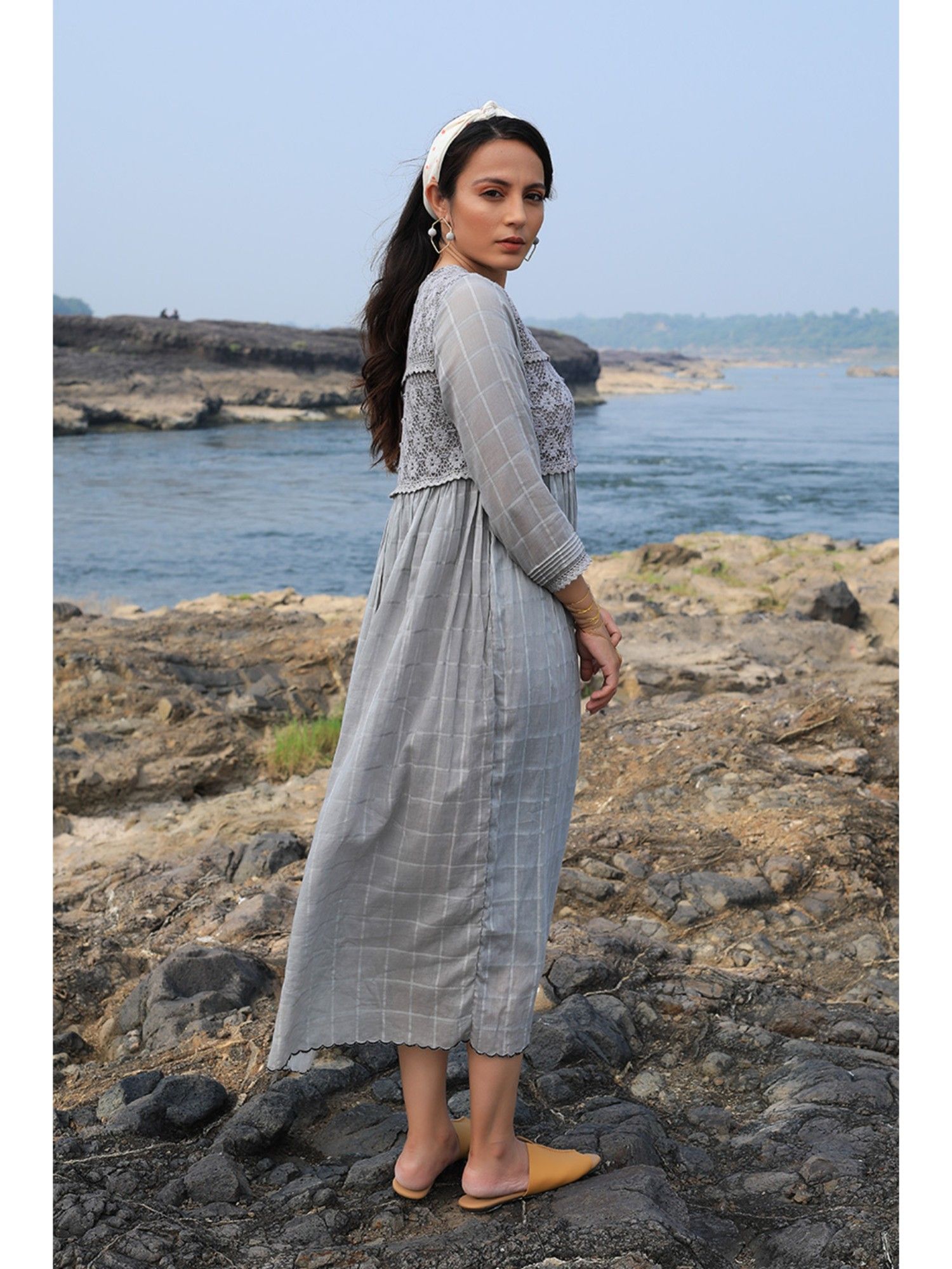 Buy The Neem Tree Grey Lace Kota Midi Dress Online