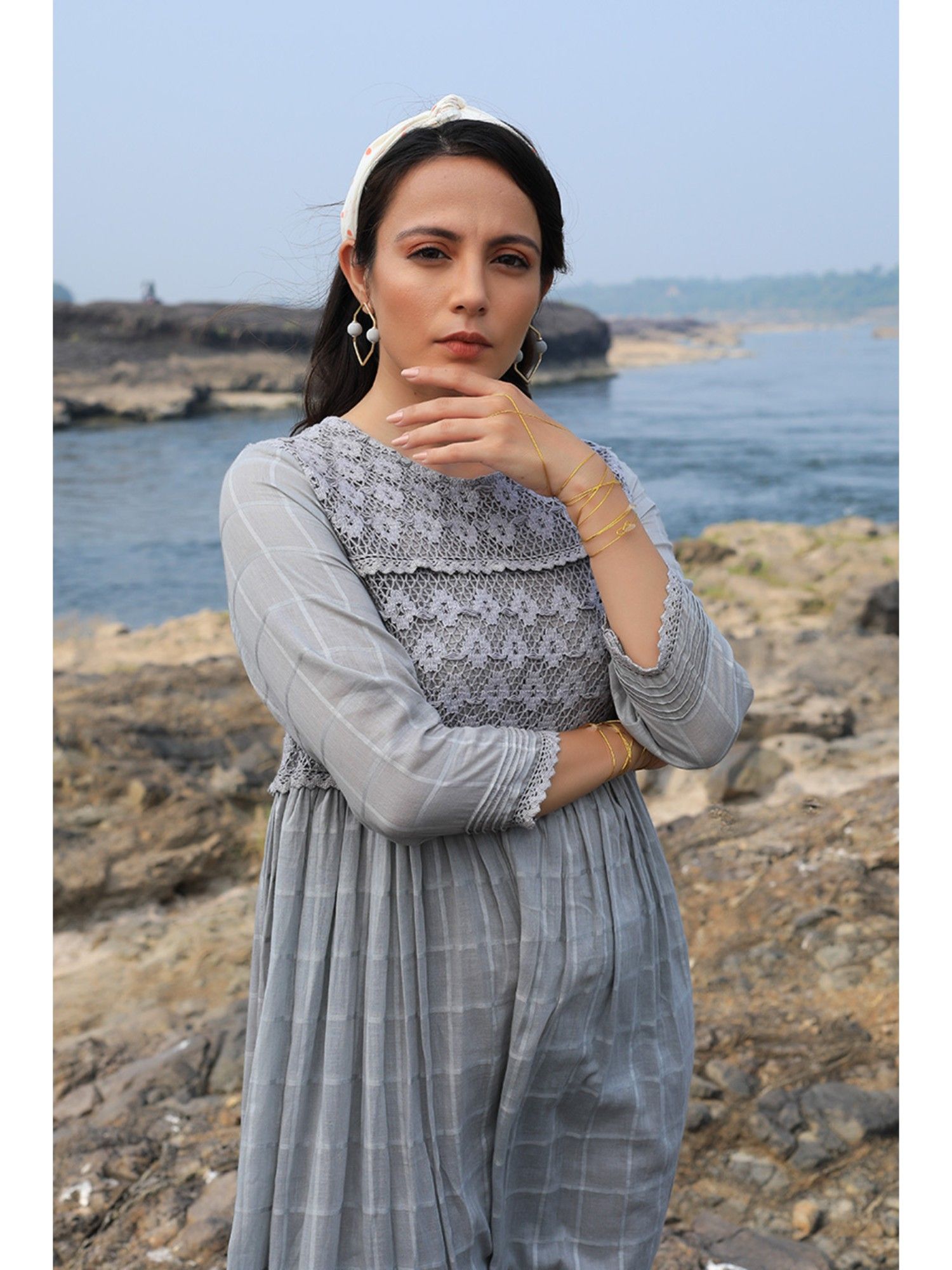 Buy The Neem Tree Grey Lace Kota Midi Dress Online