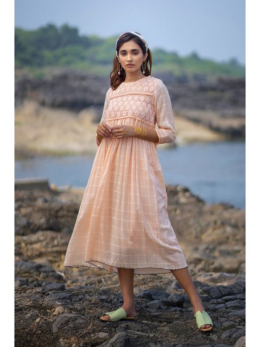 chinese dress ladies Women's Bohemian Pink Floral Midi Dress + Eyelet Lace