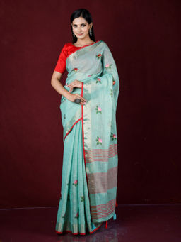 EXCLUSIVA - Green Thread Embroidery Work Linen Saree with Unstitched Blouse