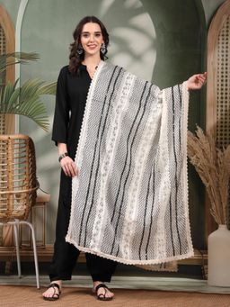 Clora Creation - Off-White Printed Cotton Dupatta with Lace Work