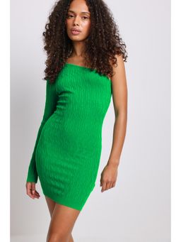 NA-KD - One Shoulder Pattern Knitted Mini Dress Green