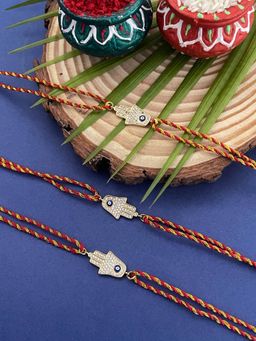Digital Dress Room - American Diamond Rakhi Hamsa Blue Evil Eye Charm Thread Rakhi (Pack of 3)