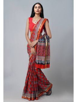 Unnati Silks - Red Pure Ajrakh Mulmul Cotton Saree with Unstitched Blouse