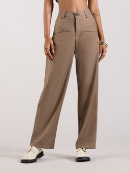 MIXT by Nykaa Fashion - Beige Solid Straight Fit Mid Waist Pants